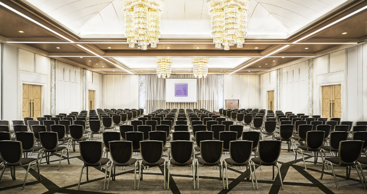 Elegant event space 'Zuicho' with chandeliers at Hotal Hankyu International Osaka with theater style seating