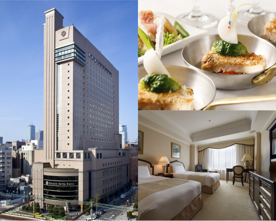 The building of Dai-ichi-Hotel-Tokyo located at Shimbashi station. Food for meeting and events at Dai-ichi-Hotel Tokyo. Beige elegant guest room at Dai-ichi-Hotel Tokyo
