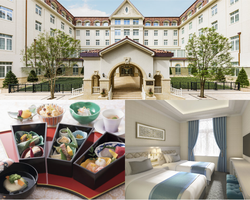 Elegant entrance of Takarazuka Hotel Osaka in Hyogo with white colours and European atmosphere. Traditional Japanese food at Takarazuka Hotel Osaka in bento box style. Guest room at Takarazuka Hotel Osaka with elegant European atmosphere in white and blue accent colours.