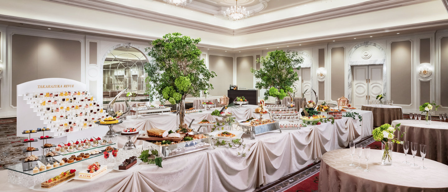 Elegant buffet at meeting space 'Kohaku' in Takarazuka Hotel Osaka Hyogo in dark red colours