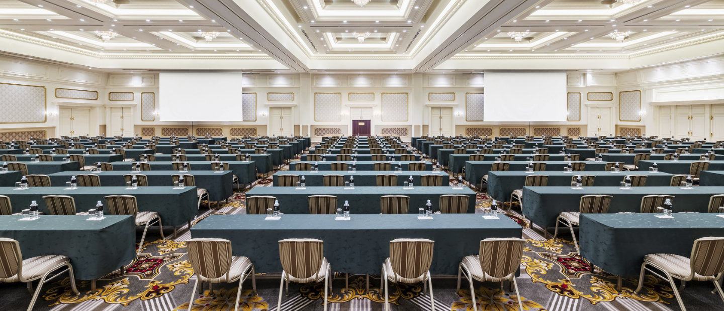 Elegant meeting hall at Takarazuka Hotel Osaka Hyogo with european flair in blue and white colours