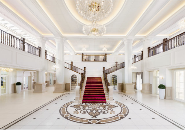 Elegant hotel reception hotel at Takarazuka hotel in Osaka Hyogo in white colours with red accent