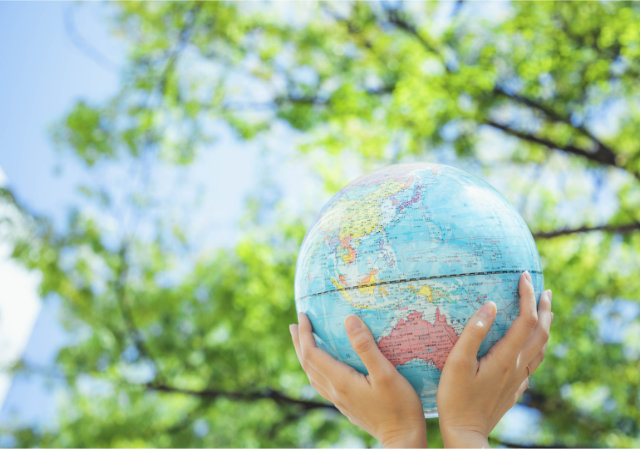 Earth globe held in two hands with green leaves in background standing for global sustainability 