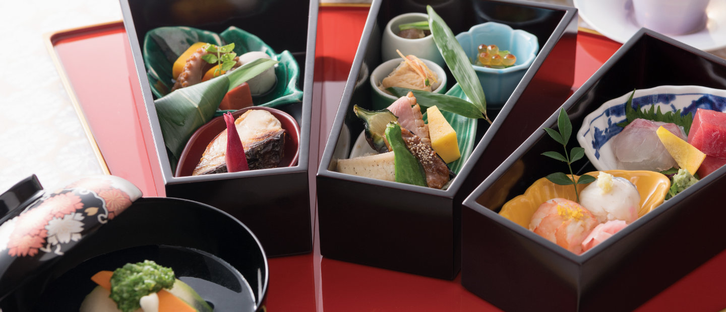 Traditional Japanese food at Takarazuka Hotel Osaka in bento box style