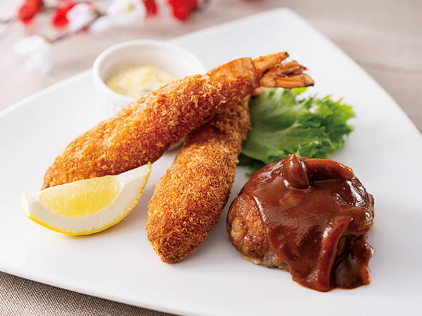 海老フライとハンバーグ