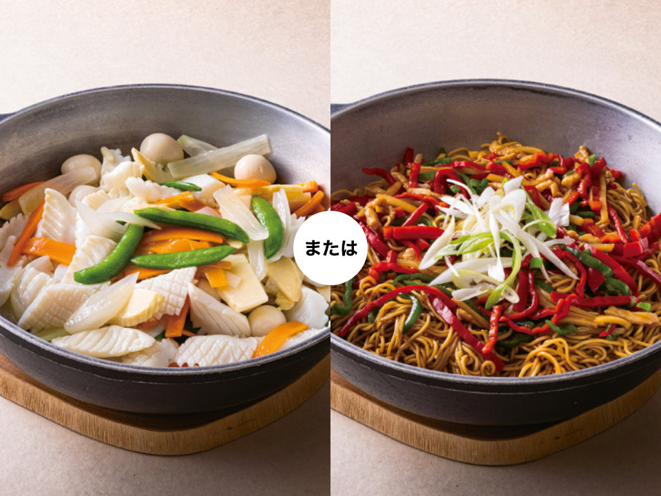 烏賊のあっさり塩炒め 豚肉とピーマンの中華風焼きそば